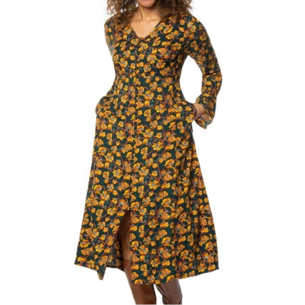 Kerrits Green Floral Midi Dress with Yellow Print